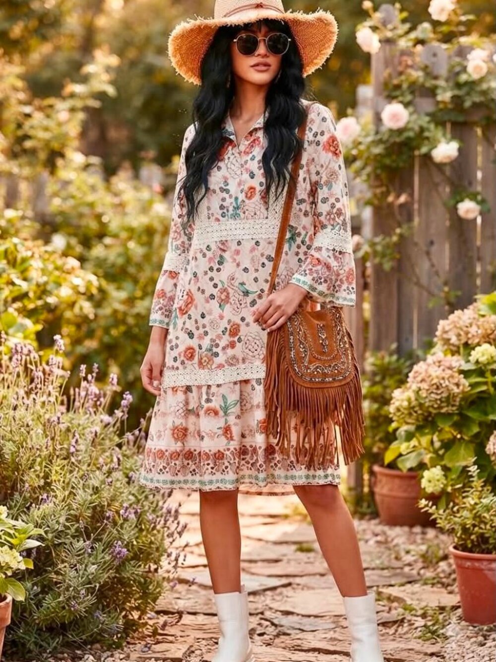 Boho Chic Floral Print Shift Dress with Crochet Trim